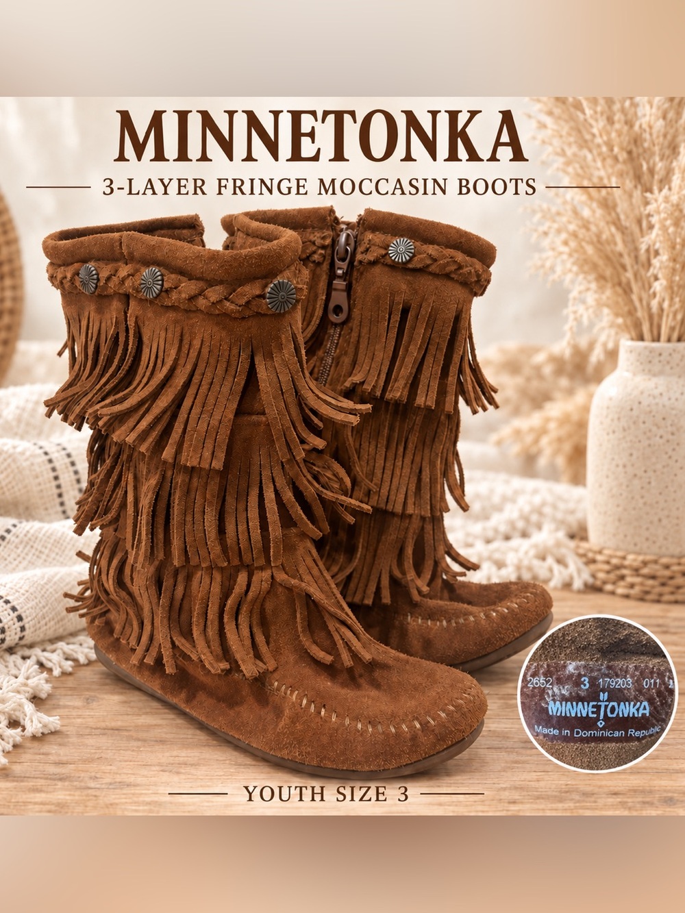 Minnetonka brown suede three-layer fringe moccasin boots, youth size 3.
